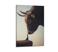 Modern Home Print Wall Art Canvas Poster -Animal Poster Giant Bull And Woman on Cliff Creating A Magical And Intimate Moment Painting (2) 12x18inch(30x45cm) Frame-style