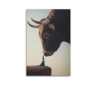 Modern Home Print Wall Art Canvas Poster -Animal Poster Giant Bull And Woman on Cliff Creating A Magical And Intimate Moment Painting (2) 08x12inch(20x30cm) Unframe-style