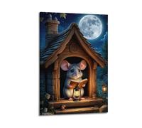 Modern Home Print Wall Art Canvas Poster -Animal Poster Little Mouse Reading in Moonlit Cabin Brings Quiet Fairy Tale Atmosphere to Study Rooms Kids' Rooms Fairy - Tale Themed Spaces Animal Art 16x24i