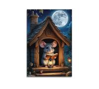 Modern Home Print Wall Art Canvas Poster -Animal Poster Little Mouse Reading in Moonlit Cabin Brings Quiet Fairy Tale Atmosphere to Study Rooms Kids' Rooms Fairy - Tale Themed Spaces Animal Art 16x24i