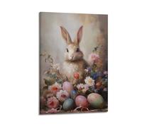 Modern Home Print Wall Art Canvas Poster -Animal Poster Rabbit Beside Flowers And Easter Eggs Creates Cheerful And Lively Atmosphere for Kids' Rooms Easter Decorative Spaces Warm Rooms Animal Art 12x1