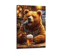 Modern Home Print Wall Art Canvas Poster -Animal Poster Singing Brown Bear in The Bar Fun And Lively Adding A Lively Atmosphere to Restaurants Art 24x36inch(60x90cm) Frame-style