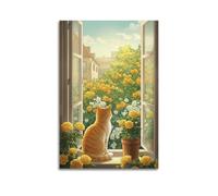 Modern Home Print Wall Art Canvas Poster -Animal Poster Window Cat Flowers Decor Peaceful Vibe Creator Painting 24x36inch(60x90cm) Unframe-style