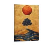 Modern Home Print Wall Art Canvas Poster -Art Painting Lone Tree Under Golden - Red Sky, Quiet And Poetic 24x36inch(60x90cm) Frame-style