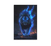 Modern Home Print Wall Art Canvas Poster -Art Poster Blue - Flaming Lion Mysterious And Dominant Stunning Canvas Painting 20x30inch(50x75cm) Unframe-style