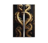 Modern Home Print Wall Art Canvas Poster -Art Poster Sword Surrounded by Two Dragons Dominant And Gorgeous Canvas Painting 24x36inch(60x90cm) Unframe-style