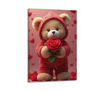 Modern Home Print Wall Art Canvas Poster -Art Poster Teddy Bear Red Rose Healing Romantic Canvas Decor 16x24inch(40x60cm) Frame-style