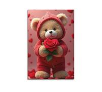 Modern Home Print Wall Art Canvas Poster -Art Poster Teddy Bear Red Rose Healing Romantic Canvas Decor 16x24inch(40x60cm) Unframe-style