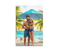 Modern Home Print Wall Art Canvas Poster -Character Poster Beach Embrace Coconut Tree Umbrella Cartoon Realistic Decorative Art 16x24inch(40x60cm) Unframe-style