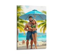 Modern Home Print Wall Art Canvas Poster -Character Poster Beach Embrace Coconut Tree Umbrella Cartoon Realistic Decorative Art 24x36inch(60x90cm) Frame-style