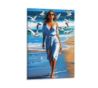 Modern Home Print Wall Art Canvas Poster -Character Poster Beach Walk Seagull Surround Fashion Illustration Decorative Art 08x12inch(20x30cm) Frame-style