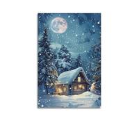 Modern Home Print Wall Art Canvas Poster -Creative Poster Snowy Cabin Moonlit Forest Serene Night Canvas Decor 12x18inch(30x45cm) Unframe-style
