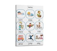 Modern Home Print Wall Art Canvas Poster -Educational Poster English Verbs Learning Cards Fun And Cognitive Decorative Painting 24x36inch(60x90cm) Frame-style