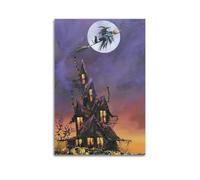 Modern Home Print Wall Art Canvas Poster -Halloween Decorative Painting Witch Flying Over Castle On Broom With Black Cat Has Strong Visual Sense 20x30inch(50x75cm) Unframe-style