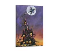 Modern Home Print Wall Art Canvas Poster -Halloween Decorative Painting Witch Flying Over Castle On Broom With Black Cat Has Strong Visual Sense 12x18inch(30x45cm) Frame-style