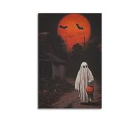 Modern Home Print Wall Art Canvas Poster -Halloween Poster Ghost with Pumpkin Lantern, Super Atmospheric on The Path Under Red Moon - Halloween Decorations 20x30inch(50x75cm) Unframe-style