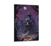 Modern Home Print Wall Art Canvas Poster -Halloween Poster Spooky Cottage Under Moonlight Mysterious And Thrilling - Halloween Decorations 08x12inch(20x30cm) Frame-style