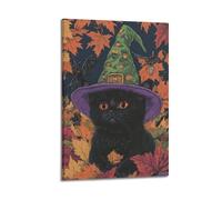 Modern Home Print Wall Art Canvas Poster -Halloween Poster The Image Of A Black Cat Wearing A Witch's Hat Is Cute And Has A Festive Atmosphere 12x18inch(30x45cm) Frame-style