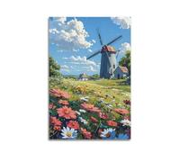 Modern Home Print Wall Art Canvas Poster -Landscape Poster Flower Sea And Windmill Fresh And Healing Adding A Relaxed Atmosphere to Living Rooms Art 16x24inch(40x60cm) Unframe-style