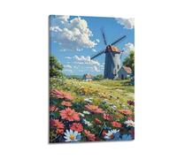 Modern Home Print Wall Art Canvas Poster -Landscape Poster Flower Sea And Windmill Fresh And Healing Adding A Relaxed Atmosphere to Living Rooms Art 08x12inch(20x30cm) Frame-style