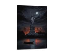 Modern Home Print Wall Art Canvas Poster -Landscape Poster Statue of Liberty Under Moonlit Night Classic Artistic Canvas Art 24x36inch(60x90cm) Frame-style