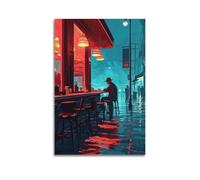 Modern Home Print Wall Art Canvas Poster -Landscape Poster Street Café on Rainy Night Retro And Artistic Atmospheric Canvas Painting 12x18inch(30x45cm) Unframe-style