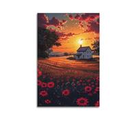 Modern Home Print Wall Art Canvas Poster -Landscape Poster - Sunset Flower Field Cottage Dreamy Scene - Decorative Painting 20x30inch(50x75cm) Unframe-style