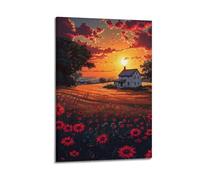 Modern Home Print Wall Art Canvas Poster -Landscape Poster - Sunset Flower Field Cottage Dreamy Scene - Decorative Painting 20x30inch(50x75cm) Frame-style