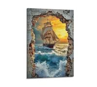 Modern Home Print Wall Art Canvas Poster -Landscape Poster Voyaging Sailboat Breaking through The Wall Magnificent And Healing Adding A Sense of Adventure to Studies Art 12x18inch(30x45cm) Frame-style