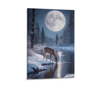 Modern Home Print Wall Art Canvas Poster -Nature Poster Deer Drinking by River Moonlit Snow Scene Decorative Painting 16x24inch(40x60cm) Frame-style