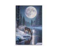 Modern Home Print Wall Art Canvas Poster -Nature Poster Deer Drinking by River Moonlit Snow Scene Decorative Painting 20x30inch(50x75cm) Unframe-style