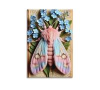 Modern Home Print Wall Art Canvas Poster -Plant Poster Blue Flowers Surround Pink Moth Like A Fairy Tale Scene Retro Art Decorative Painting 20x30inch(50x75cm) Unframe-style