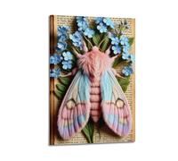 Modern Home Print Wall Art Canvas Poster -Plant Poster Blue Flowers Surround Pink Moth Like A Fairy Tale Scene Retro Art Decorative Painting 20x30inch(50x75cm) Frame-style