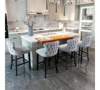 Modern Home Touch Set of 4 Velvet Upholstered Bar Stools with Oak Wood Legs in Grey | Size: 4 Pack Modern Home Touch Grey 4 Pack