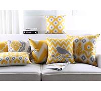 Modern Homes 100% Cotton Ikat Print Decorative Throw Pillow Covers Cushion Cases 45 x 45 cm (Yellow and Grey, Set of 6)