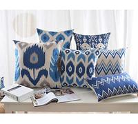 MODERN HOMES Ikat Print Cotton Cushion Covers/Decorative Throw Pillow Covers 18 x 18 inch (Indigo Blue, Set of 6)