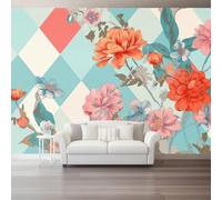 Modern Illustration Style Wallpaper Murals, 300x210cm for Home Decor | Geometric Diamond Grid Plants Flowers Non-Woven Wallpaper, Multicolour for Living Room Bedroom Kids Room Backdrop