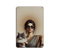 Modern Indian Woman with Cat Retro Poster Metal Tin Sign Chic Art Retro Iron Painting Bar People Cave Cafe Family Garage Poster Wall Decoration 8x12inch(20x30cm)