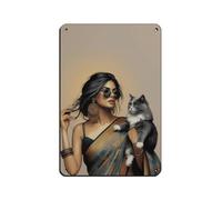 Modern Indian Woman with Cat Retro Poster Metal Tin Sign Chic Art Retro Iron Painting Bar People Cave Cafe Family Garage Poster Wall Decoration 8x12inch(20x30cm)