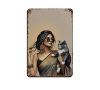 Modern Indian Woman with Cat Retro Poster Metal Tin Sign Chic Art Retro Iron Painting Bar People Cave Cafe Family Garage Poster Wall Decoration 8x12inch(20x30cm)