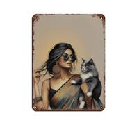 Modern Indian Woman with Cat Retro Poster Metal Tin Sign Chic Art Retro Iron Painting Bar People Cave Cafe Family Garage Poster Wall Decoration 12x16inch(30x40cm)
