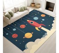Modern Indoor Illustration Cartoon Cosmic Area Rugs for Sofa Dormitory Home Office, Soft Low Pile Comfort Floor Carpet Protector Galaxy Rocket Blue Fun, 120 x 180 cm