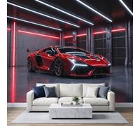 Modern Industrial 3D Effect Photo Mural 250W x 175H cm, Premium Tech Space Neon Racing Car Non-Woven Mural Wallpaper for Lounge Playroom Bedroom Nursery - Panoramic Bright Red Wall Art Decoration