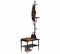 Modern Industrial Entryway Organizer, 6-Hook Coat Tree with 2-Tier Shoe Bench, Space-Saving 4-in-1 Hall Tree for Easy Home Assembly