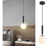 Modern Industrial Globe Pendant Light Kitchen Island Ceiling Lamp with White Frosted Glass Shade Vintage Water Ripple Design Adjustable Height A-Black Finish
