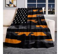 Modern Industrial Lightweight Comfortable Blanket, American Flag Camouflage Machine Washable Throw Blanket, Orange Black Soft Flannel Throw for Bedroom Couch Sofa Office and Travel, 180 x 200 cm