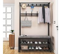 Modern Industrial Metal Coat Rack Stand with Shoe Bench, 10 Hooks and 2-Tier Storage for Entryway Organization