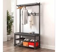 Modern Industrial Metal Coat Rack with 11 Hooks & 2Tier Shoe Bench Free Standing Entryway Coat Tree for Hallway & Living Rooms Easy Assembly Stylish Storage Solution