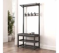 Modern Industrial Metal Coat Rack with 11 Hooks & 2Tier Shoe BenchFree Standing Entryway Coat Tree for Hallway & Living RoomEasy Assembly Stylish Storage Solution
