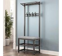 Modern Industrial Metal Coat Rack with Shoe Bench11 Hooks & 2Tier Shoe StorageFree Standing Entryway Coat Tree for Hallway & Living RoomsEasy Assembly